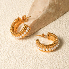 18K Gold Plated Stainless Steel Pearl C-Hoop Earrings Jewelry, Jack&Din, $ 16.00