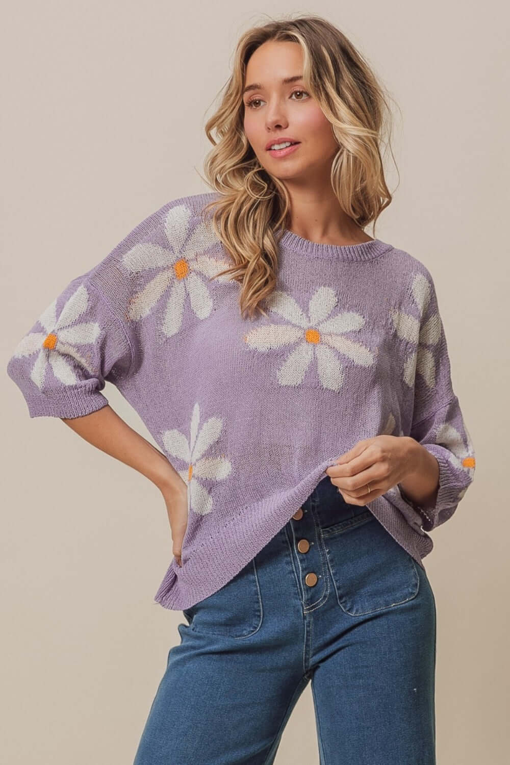 Lavender Floral Pattern Slit Sweater - Stylish & Unique, Sweaters, $ 47.00, A Moment Of Now™