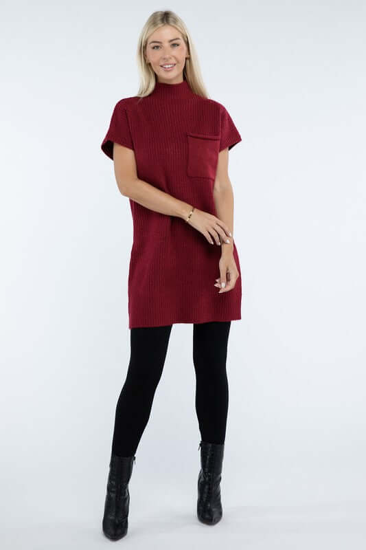 Women's Mock Neck Short Sleeve Mini Sweater Dress with Pocket, ZENANA, $ 55.00