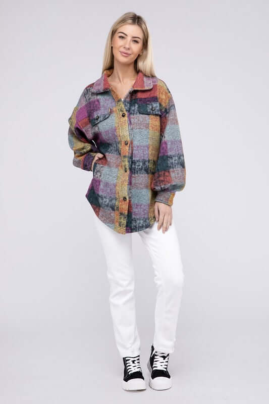 Women's Loose Fit Buttoned Down Check Shirt Jacket Plaid Shacket, BiBi, $ 55.00