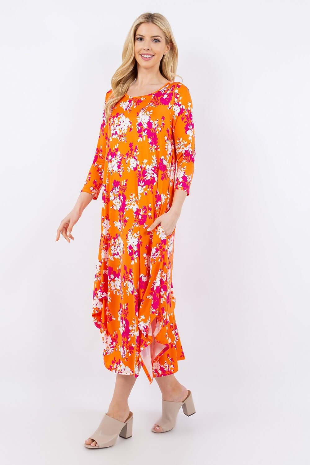 Orange Floral Pick-Up Hem Asymmetric Floral Midi Dress, Celeste, A Moment Of Now