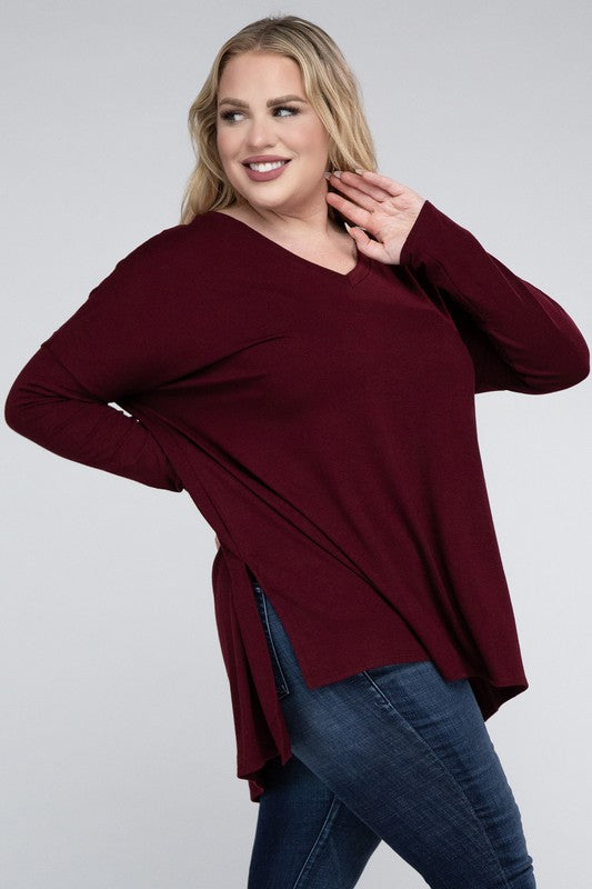 Shop Plus Size Dolman Sleeve V-Neck Side Slit Hi-Low Hem Top For Women, Tops, USA Boutique