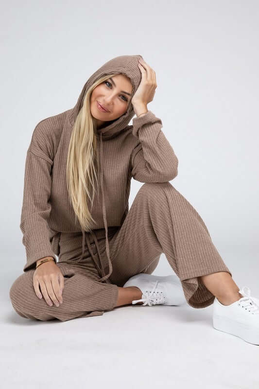 Beige Plus Size Textured Hoodie Top and Pants Set, Nuvi Apparel, $ 48.95