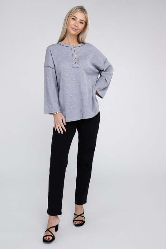 Ribbed Brushed Melange Hacci Henley Sweater, ZENANA, $ 29.00