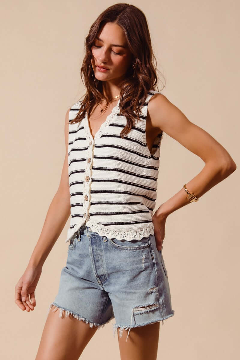 SO ME Buttoned Front Stripe Texture Knitted Sweater Vest, , $ 52.00, A Moment Of Now™