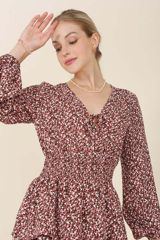 Burgundy Floral Babydoll Long Sleeve Mini Dress, Lilou, $ 43.95