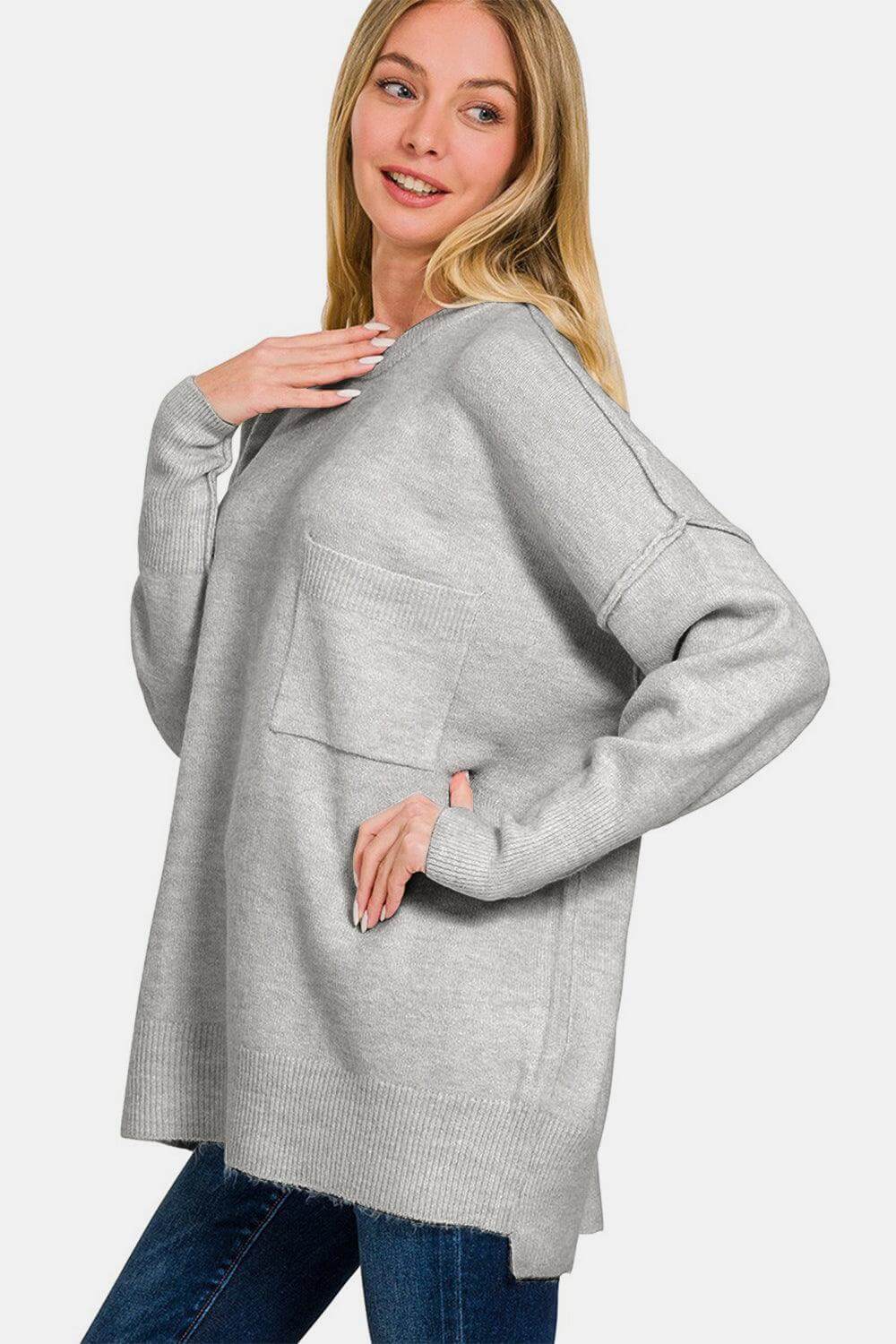 Grey High-Low Hem Drop Shoulder Sweater, Zenana, $ 39.00