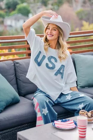 BiBi 4th Of July Usa Letter Patchwork French Terry Top, Tops, $ 60.00, A Moment Of Now™