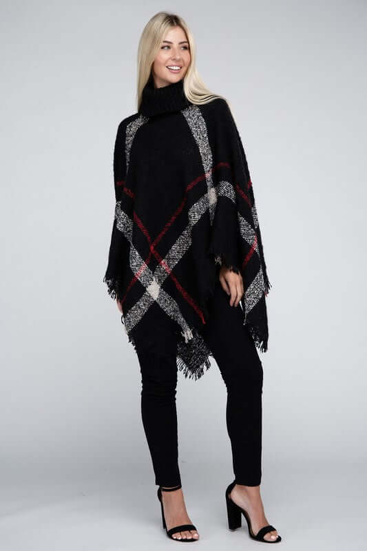 Ivory Black Turtleneck Plaid Knit Pancho, Nuvi Apparel, $ 45.95