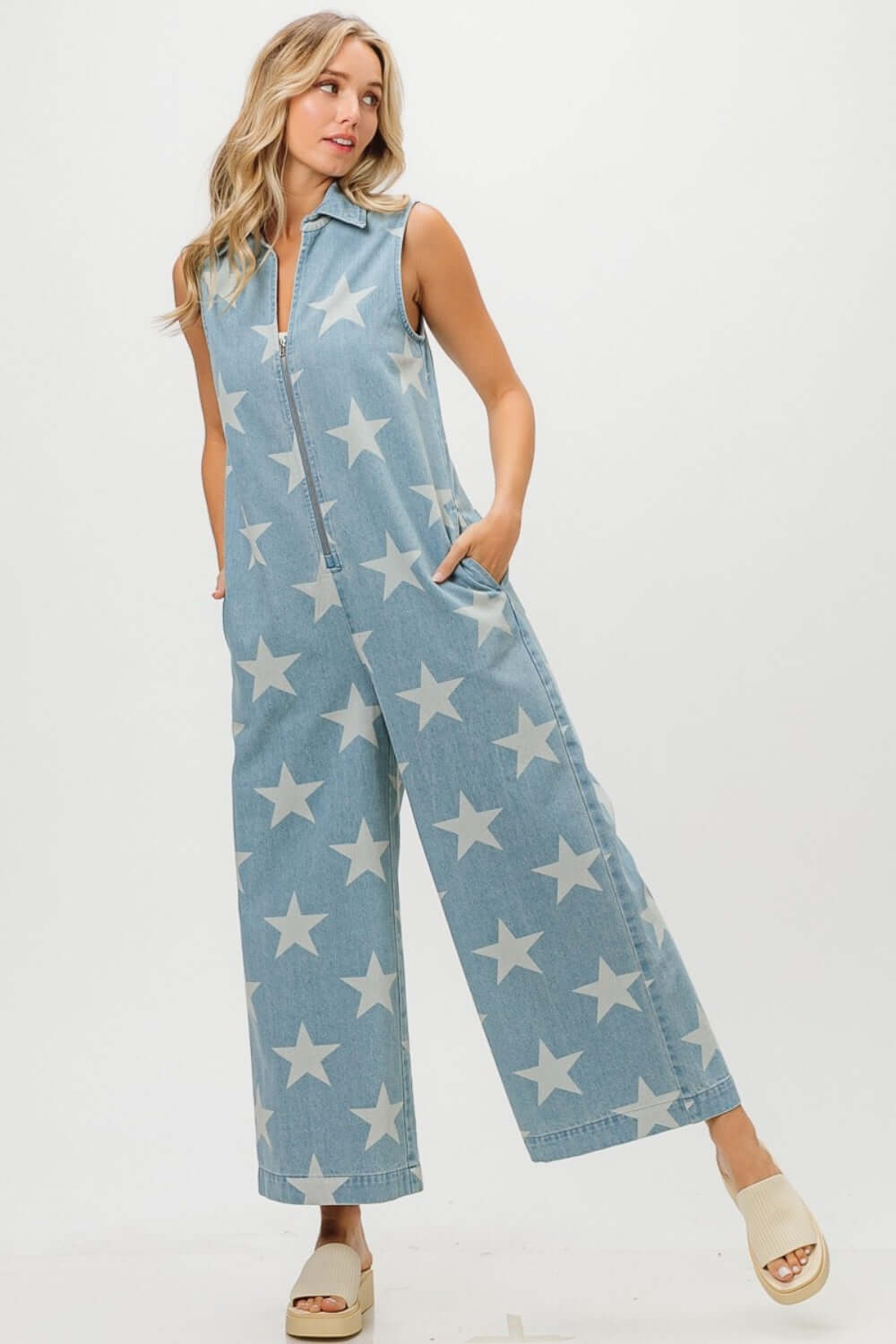 Blue Star Print Half Zip Sleeveless Denim Jumpsuit, BiBi, A Moment Of Now