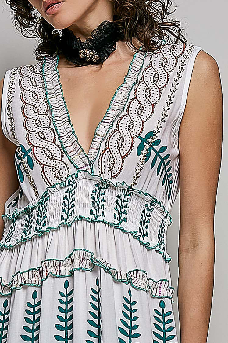 Ivory Floral Printed Sleeveless Tiered Maxi Dress | Smocked Waist, Dresses, $ 57.00, A Moment Of Now™