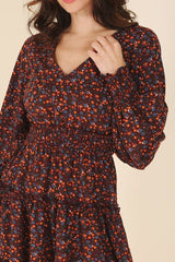 Burgundy Ditsy Floral Long Sleeve Ruffle Tired Mini Dress, Lilou, $ 38.95