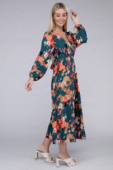 Green Floral Satin Pleated Maxi Dress, Nuvi Apparel, A Moment Of Now