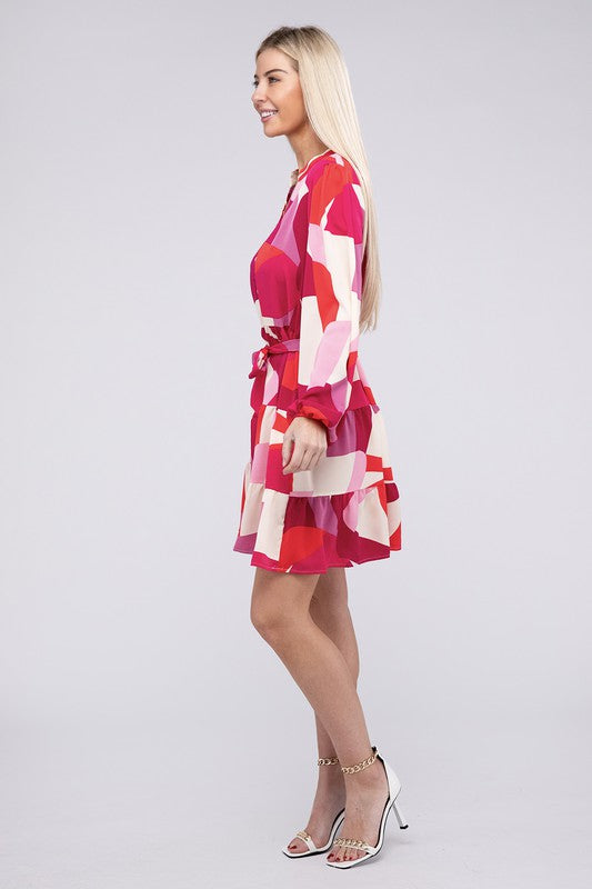 Shop Pink Notched Neck Bold Pattern Belted Dress | USA Boutique Online, Dresses, USA Boutique