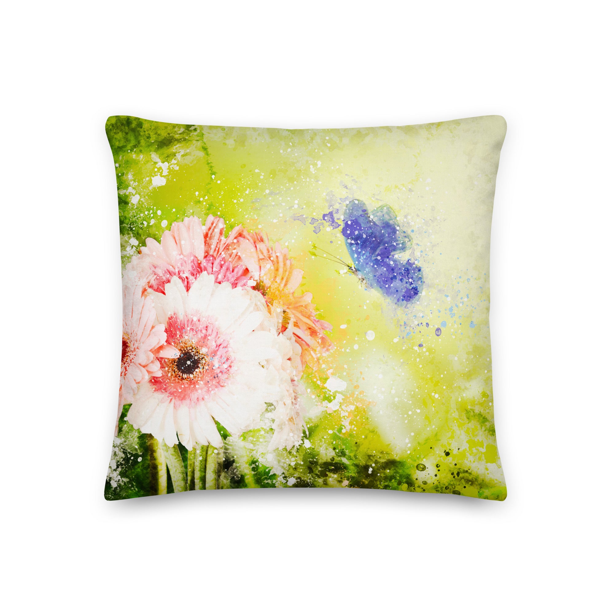 Shop Watercolor Pink Daisy & Blue Fairy Butterfly Premium Throw Pillow Accent Cushion, Throw Pillows, USA Boutique
