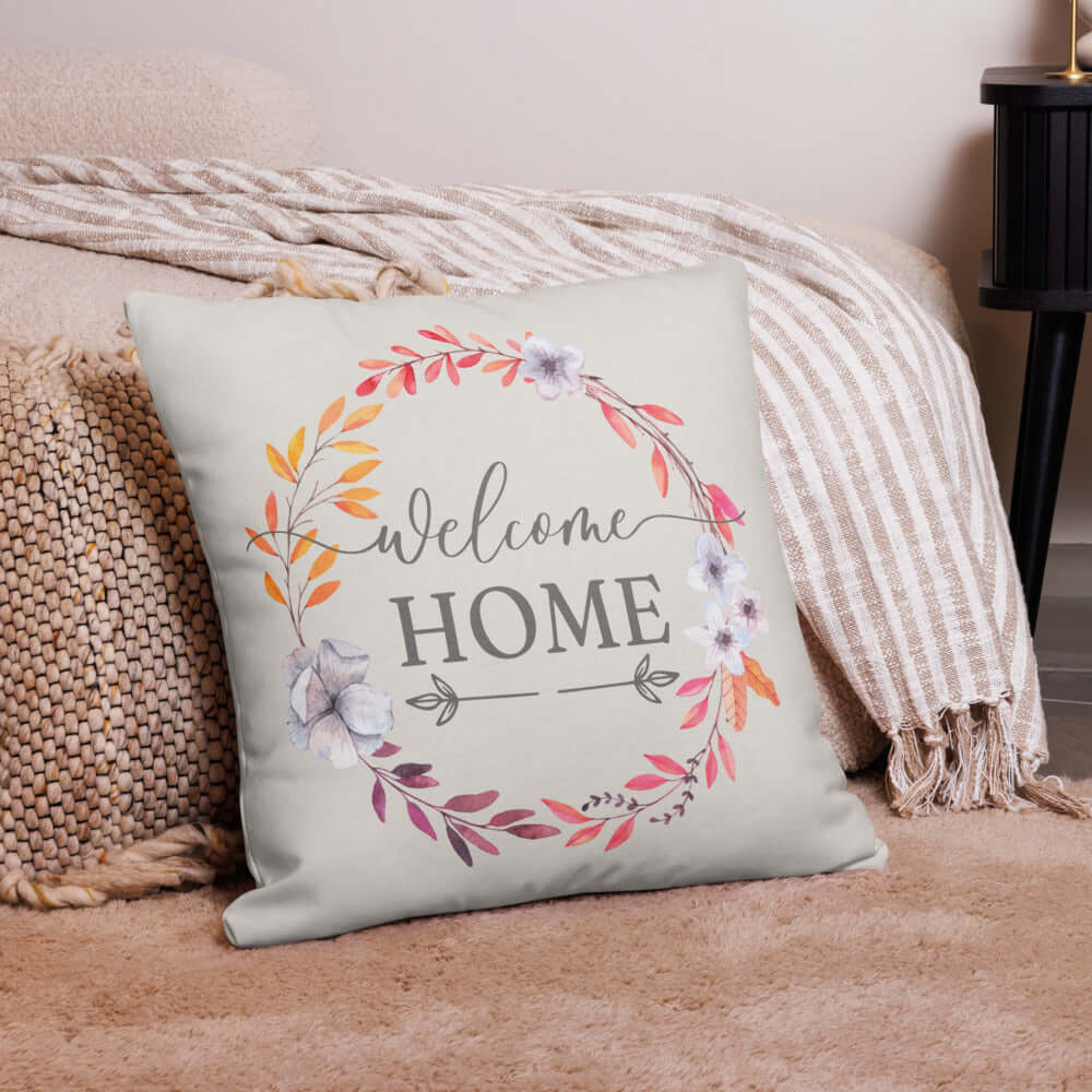 Welcome Home Spring Floral Wreath Throw Pillow, Throw Pillows, $ 55.50, A Moment Of Now™