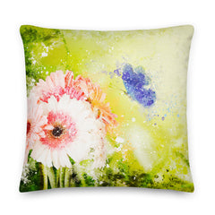 Shop Watercolor Pink Daisy & Blue Fairy Butterfly Premium Throw Pillow Accent Cushion, Throw Pillows, USA Boutique
