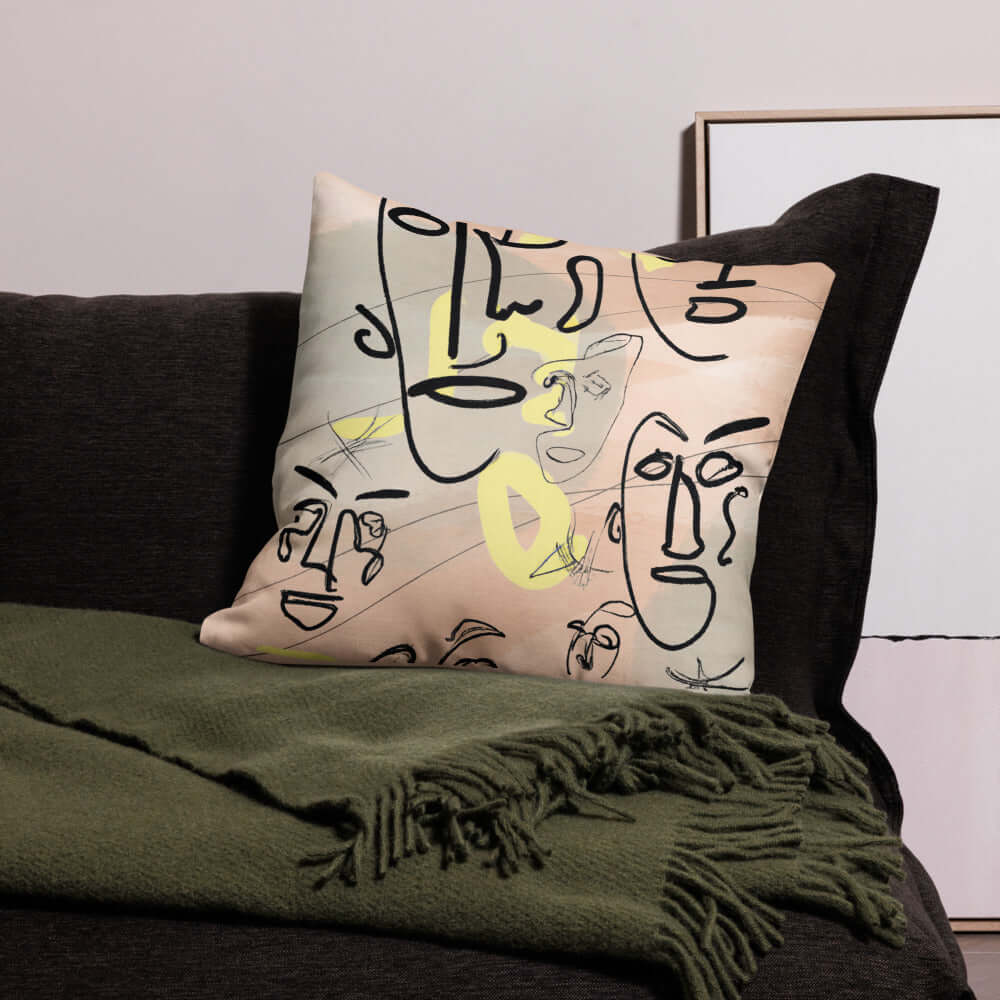 Abstract Berklin Line Art Faces Premium Throw Pillow Accent Cushion, A Moment Of Now, A Moment Of Now