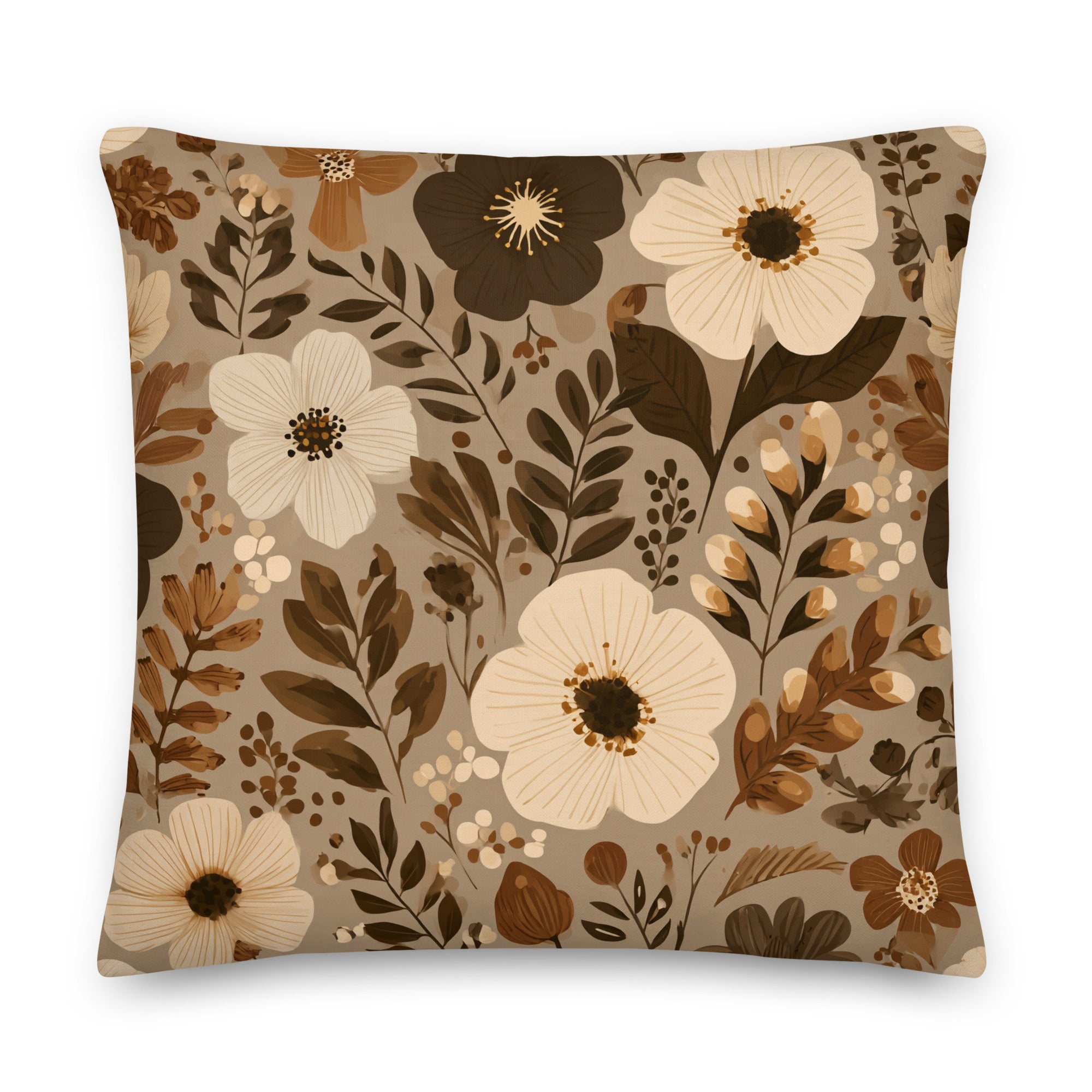 Mocha Botanical Floral Throw Pillow – Warm Brown & Cream Vintage-Inspired Decorative Pillow