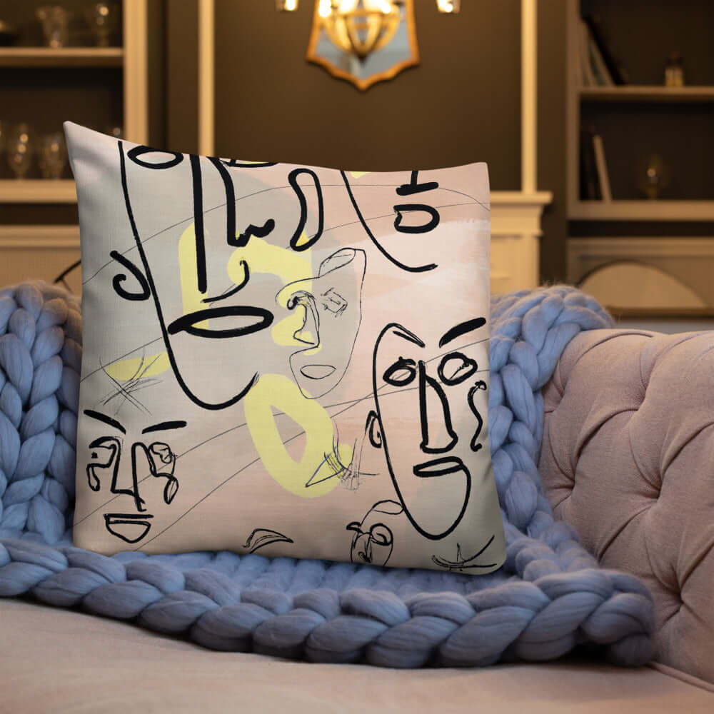 Abstract Berklin Line Art Faces Premium Throw Pillow Accent Cushion, A Moment Of Now, A Moment Of Now