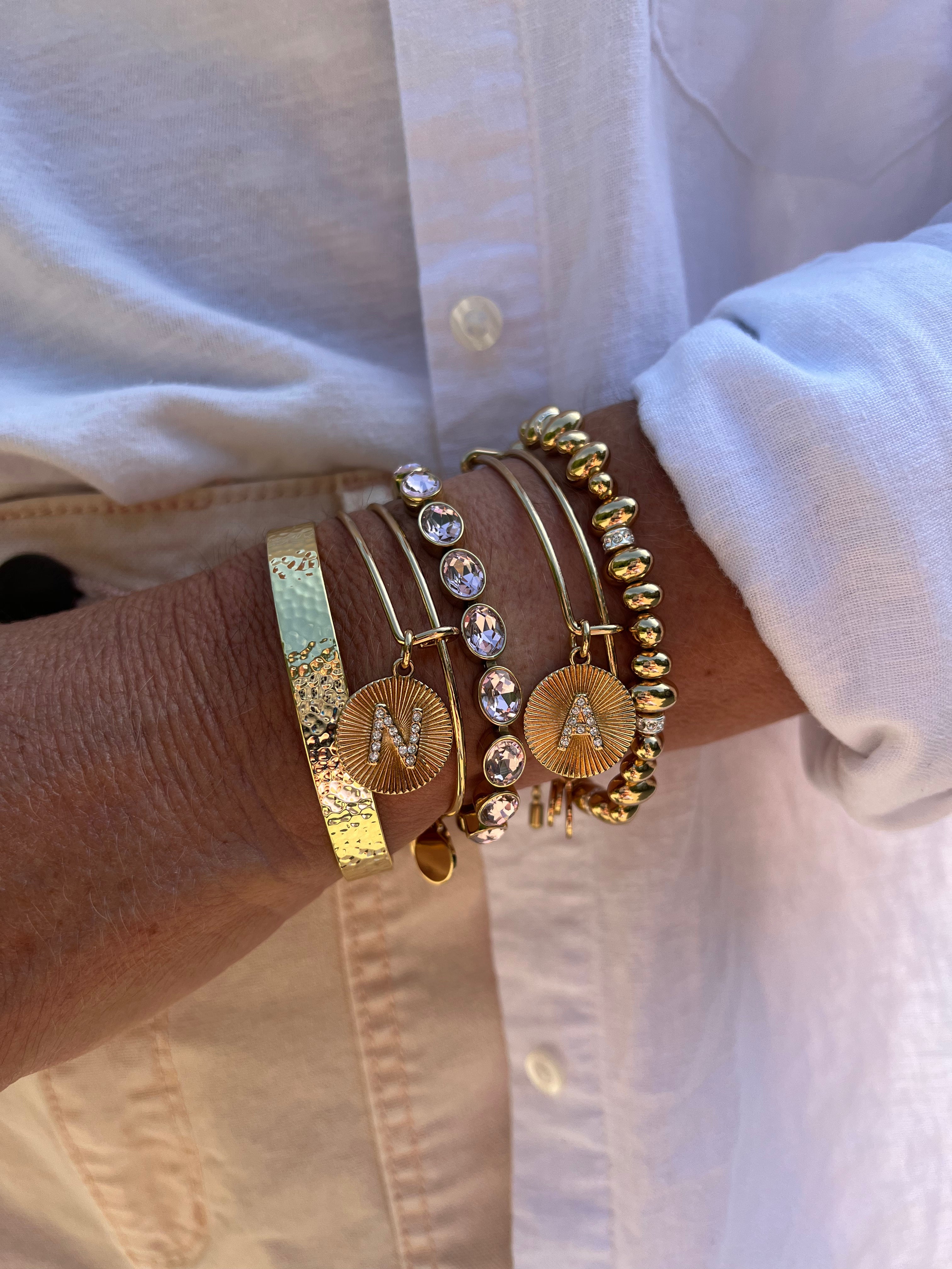 Initial N Pave Starburst Texture Bangle, Bracelets, $ 28.00, A Moment Of Now™