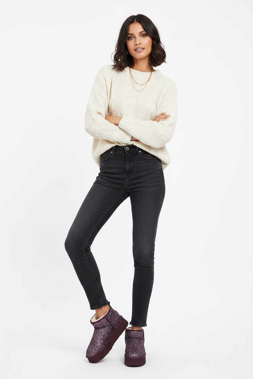Cosy Ultra Short Platform Boots Glitter Plum