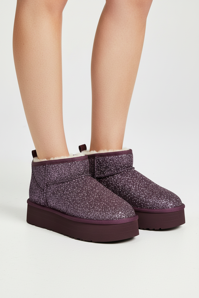 Cosy Ultra Short Platform Boots Glitter Plum