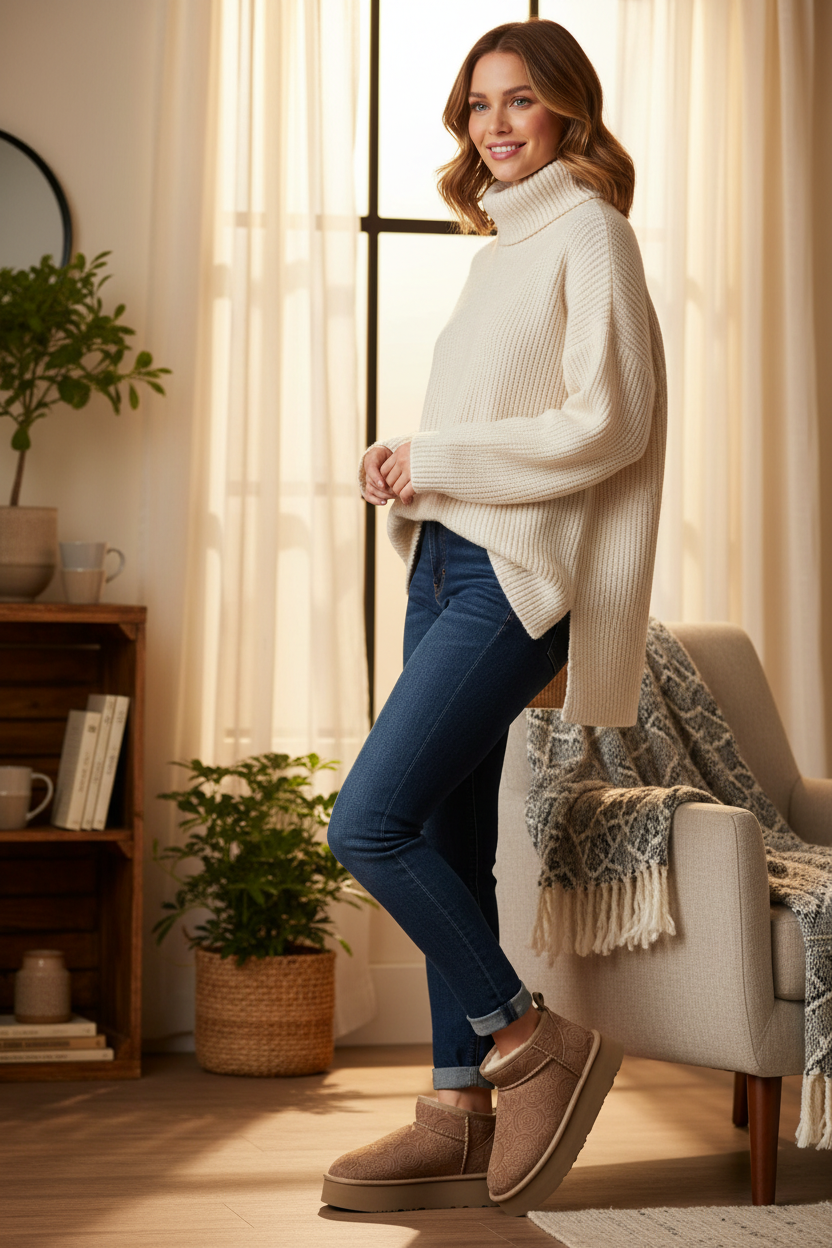 Cosy Ultra Short Platform Boots Embossed Taupe