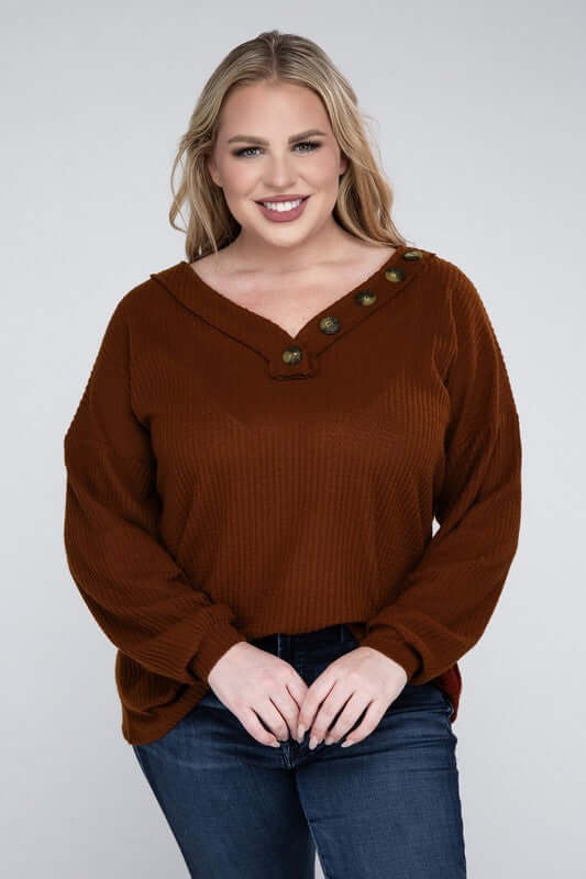 Plus Brushed Waffle V-Neck Button Detail Sweater, ZENANA, $ 28.00