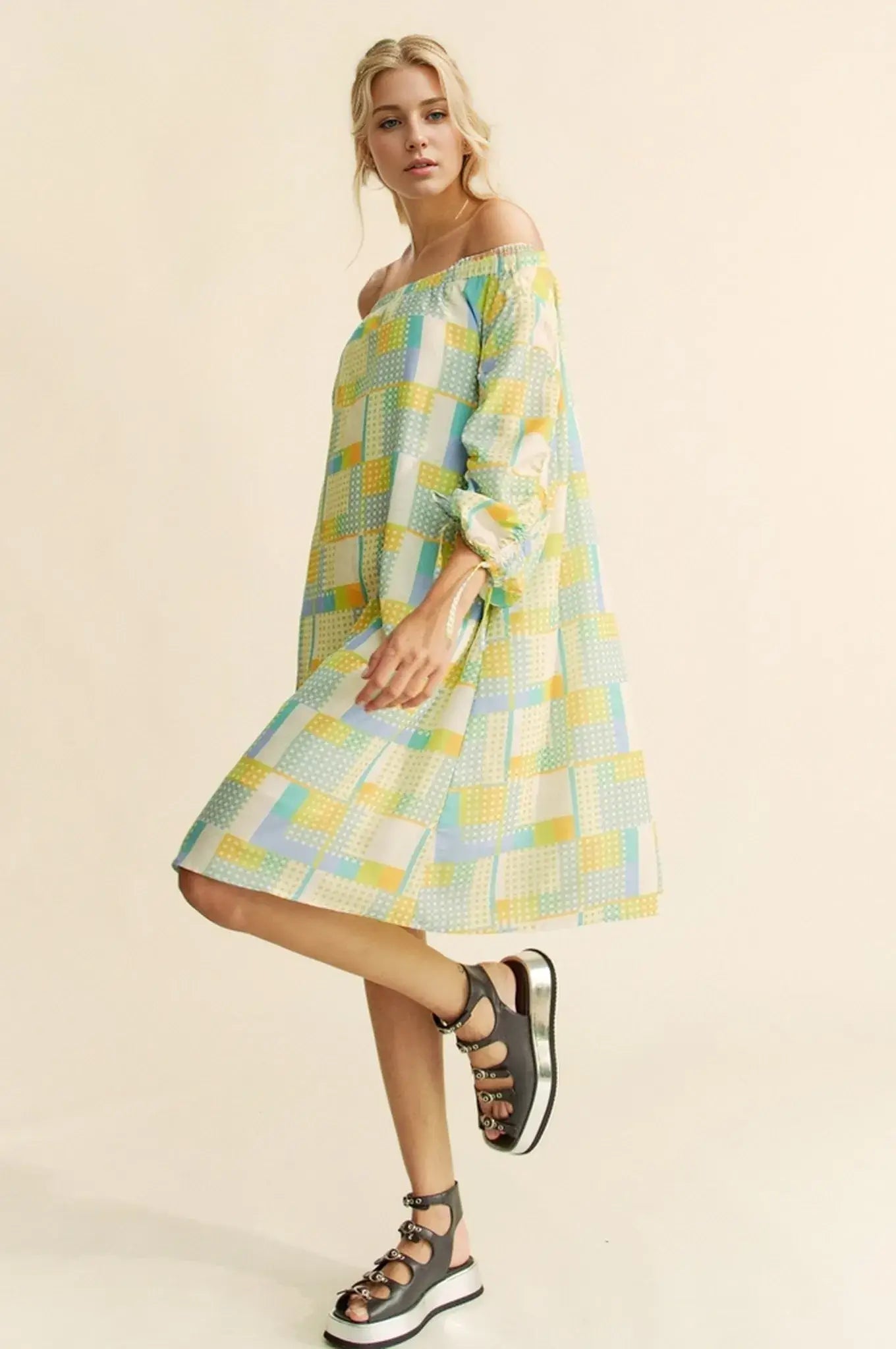 Blue Cream Off Shoulder Mini Dress - Summer Chic, Dresses, $ 55.00, A Moment Of Now™