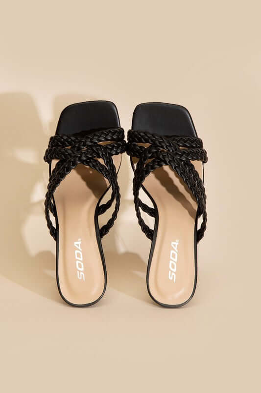 KELLAN-S Double Cross Braided Heels Sandals in Black White, Fortune Dynamic, $ 35.00