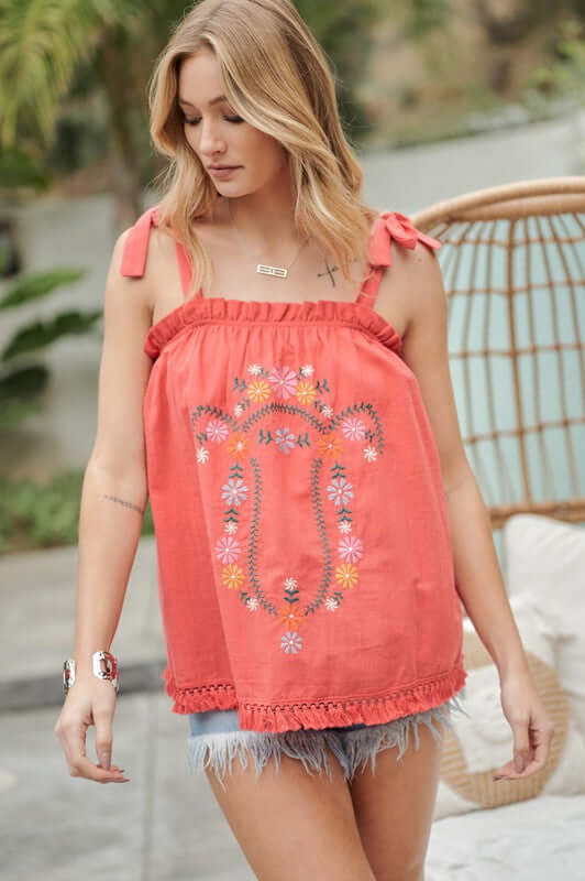 Embroidered Sleeveless Ruffle Tank Top, Davi & Dani, $ 53.95