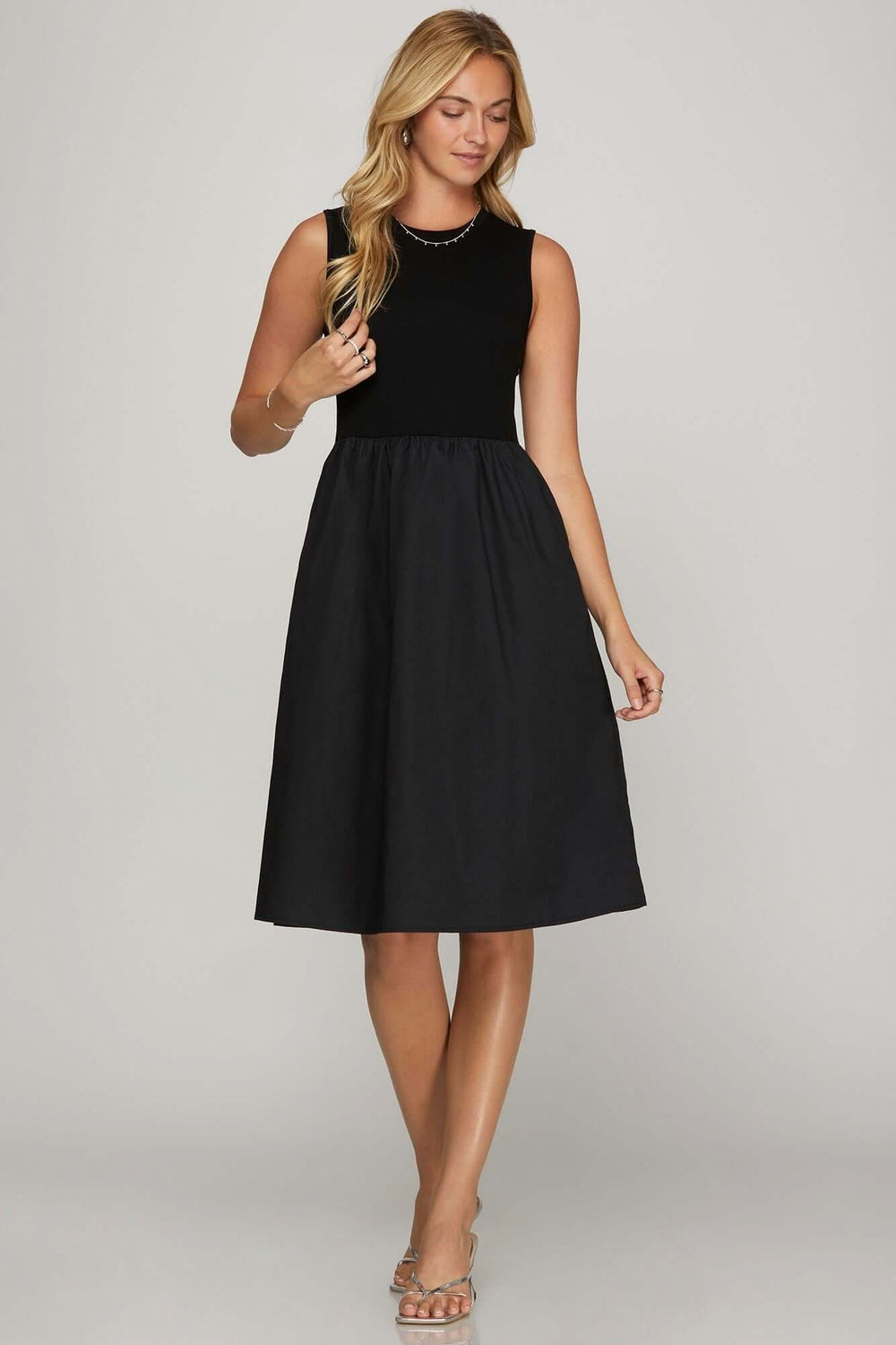 Plus Size Black Sleeveless Poplin Woven Midi Dress with Pockets, Dresses, $ 58.00, A Moment Of Now™