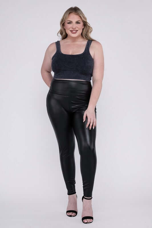 Women's Black Plus Size High Rise Faux Leather Leggings Pants, ZENANA, $ 41.95