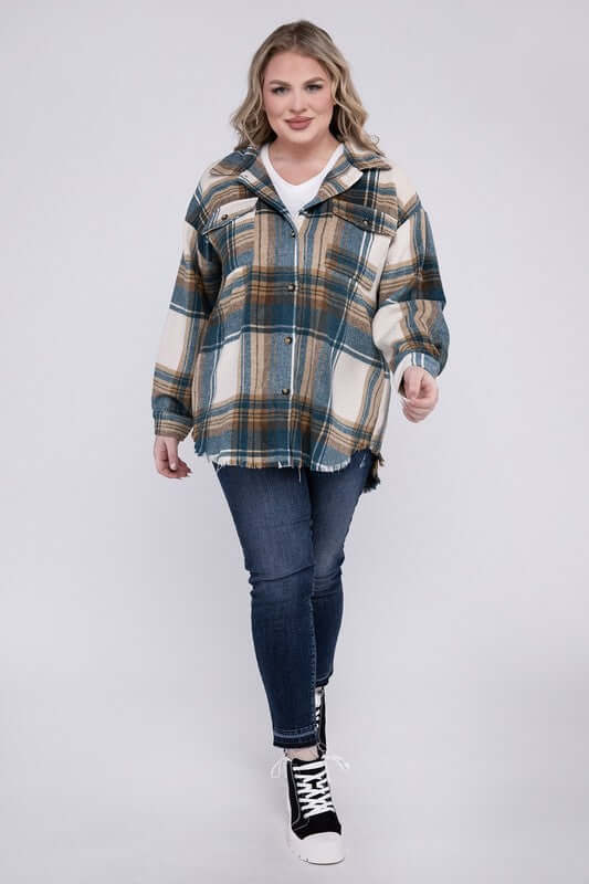 Plus Size Yarn Dyed Plaid Shirt Jacket Shacket