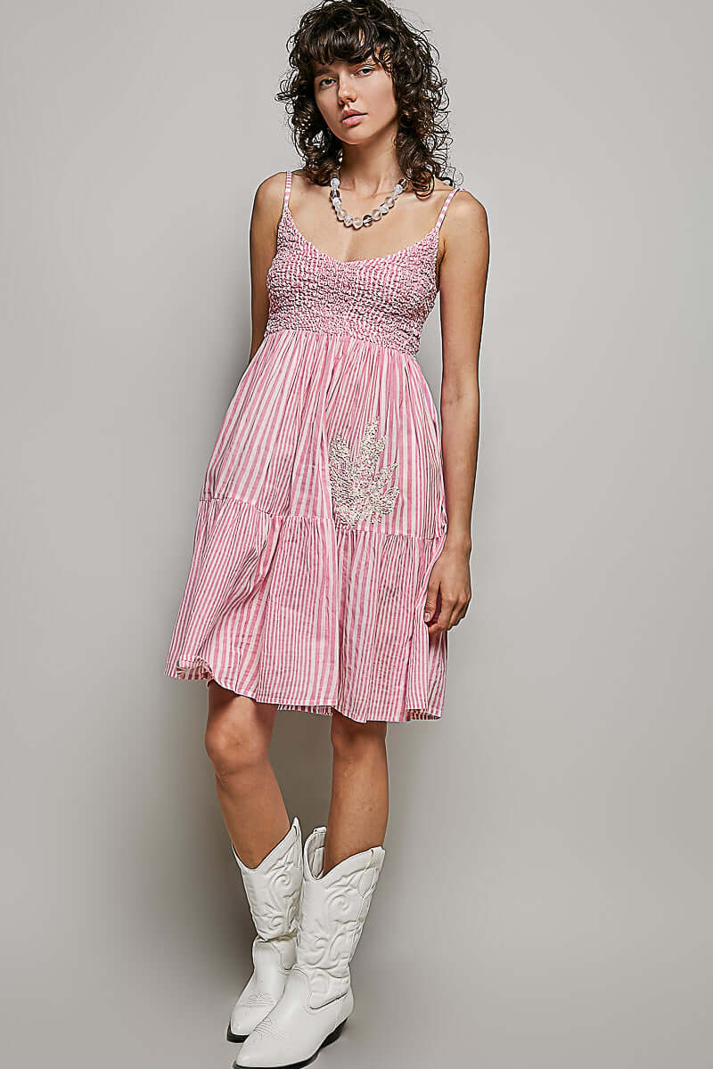 Pink Striped Smocked Embroidered Mini Dress | Boho Fashion Clothing, Dresses, $ 60.00, A Moment Of Now™