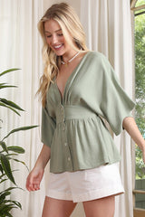 Women's Green V-Neck Button Down Kimono Blouse Top | Fashion Boutique Tops A Moment Of Now Women’s Boutique Clothing Online Lifestyle Store