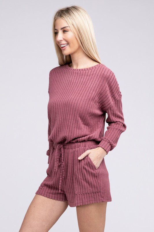 Ribbed Knit Long Sleeve Romper Shorts