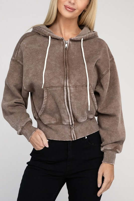 Acid Wash Fleece Cropped Zip-Up Hoodie, ZENANA, $ 49.95