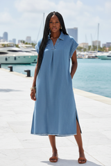 Blue Pinstripe Denim Collared Midi Dress with Side Slits