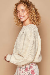 Cream White Cable Knit Cutout Long Sleeve Sweater, POL, $ 49.00