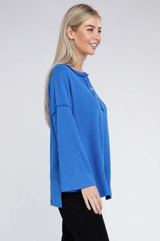 Ribbed Brushed Melange Hacci Henley Sweater, ZENANA, $ 29.00