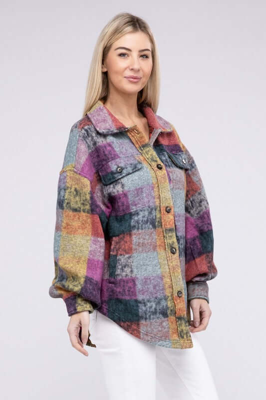 Women's Loose Fit Buttoned Down Check Shirt Jacket Plaid Shacket, BiBi, $ 55.00