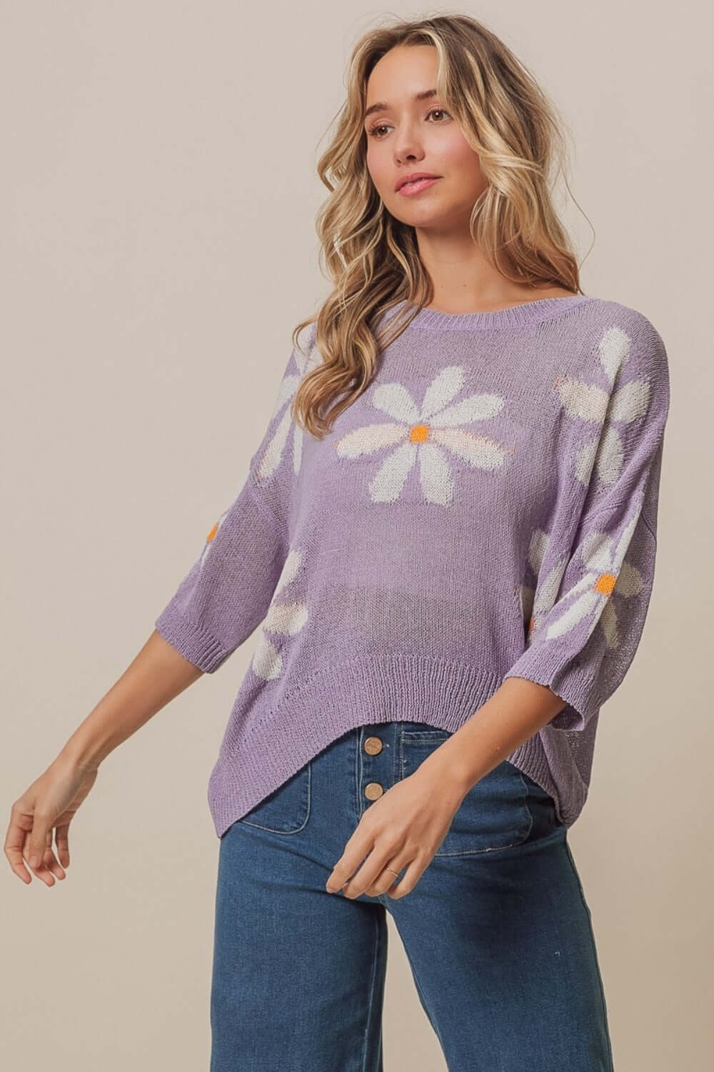 Lavender Floral Pattern Slit Sweater, BiBi, A Moment Of Now