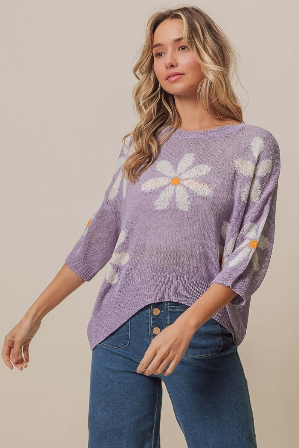 Lavender Floral Pattern Slit Sweater - Stylish & Unique, Sweaters, $ 47.00, A Moment Of Now™