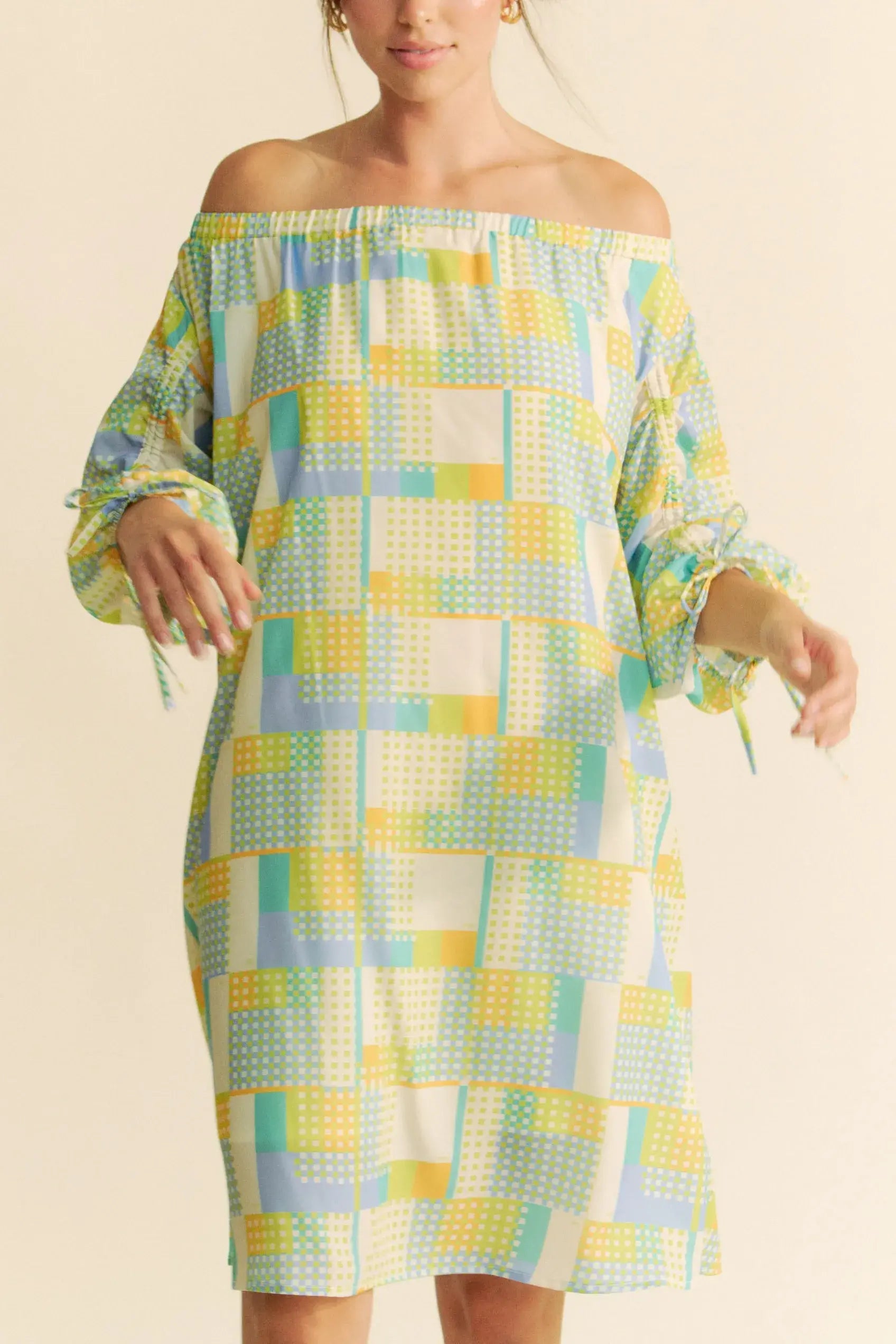 Blue Cream Off Shoulder Mini Dress - Summer Chic, Dresses, $ 55.00, A Moment Of Now™