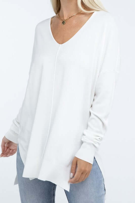 Women's Hi-Low Hem V Neck Front Seam Sweater | USA Boutique, ZENANA, $ 55.00