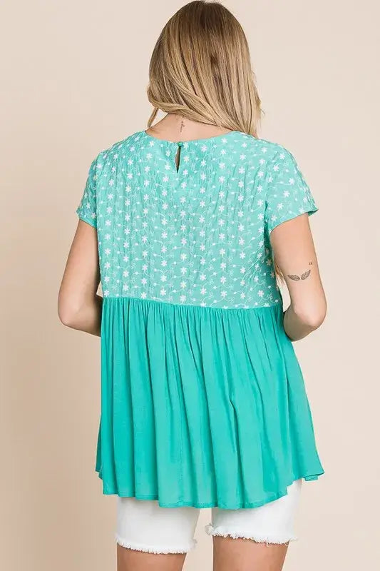 Mint Embroidered Short Sleeve Pleated Babydoll Top Plus Size, Tops, $ 25.00, A Moment Of Now™