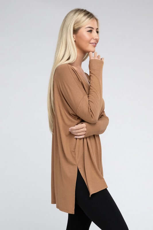 Dolman Long Sleeve V-Neck Side Slit Hi-Low Hem Top, ZENANA, $ 19.00