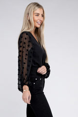 Shop Women's Black V Neck Wrap Sheer Bishop Sleeves Bodysuit, Bodysuits, USA Boutique